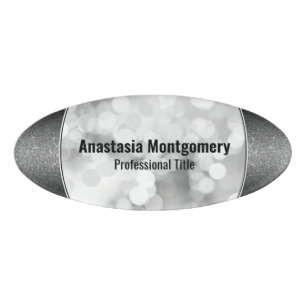 Elegant Silver Glitter White Bokeh  Black Text Name Tag