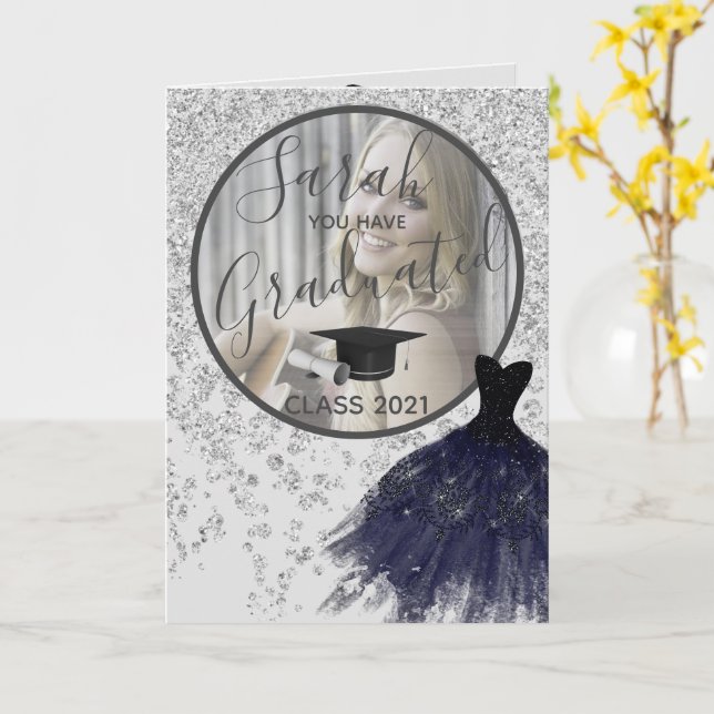 Elegant Silver Glitter You Have Graduated Photo Card (Yellow Flower)