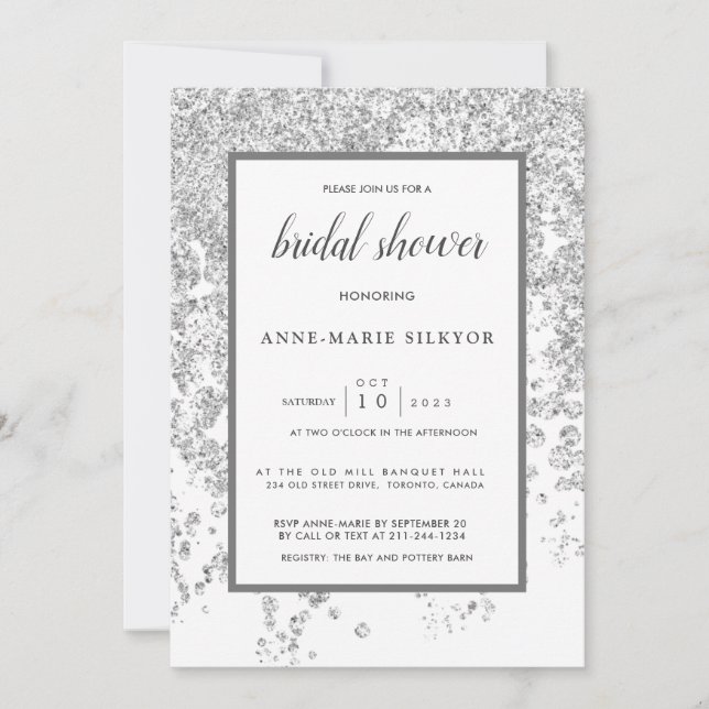 Elegant Silver Glittery Sparkling Bridal Shower Invitation (Front)