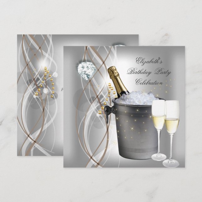 Elegant Silver Gold Champagne Birthday Party Invitation (Front/Back)