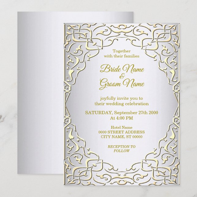Elegant Silver Gold Decorative Wedding Invitation (Front/Back)