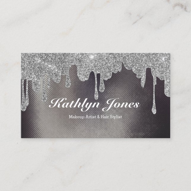 Elegant Silver Gold Dripping Makeup Hair Beauty  Business Card (Front)