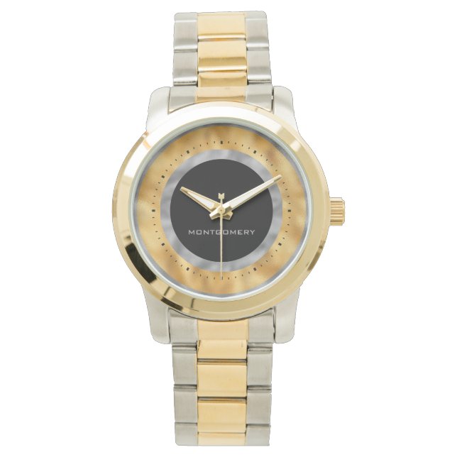 Elegant Silver Gold Foil Black Personalised Watch (Front)