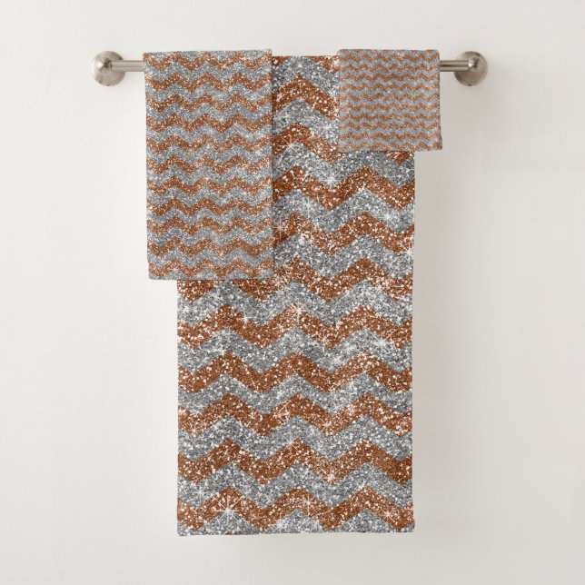 Elegant Silver Gold Glitter Chevron Zig Zag Design Bath Towel Set (Insitu)