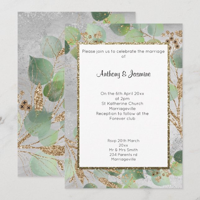 ELEGANT SILVER GOLD MARBLE BOTANICAL 2 INVITATION (Front/Back)