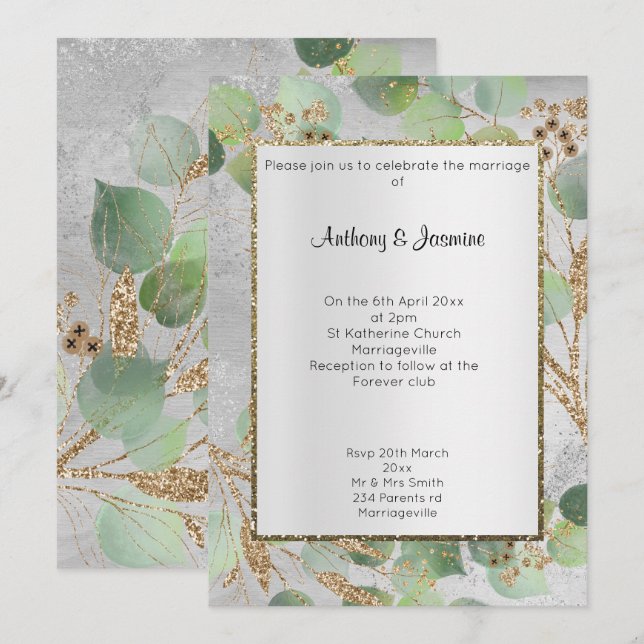 ELEGANT SILVER GOLD MARBLE BOTANICAL INVITATION (Front/Back)