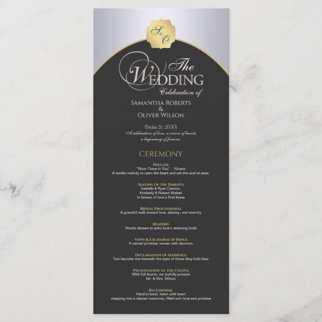 Elegant Silver  Gold Monogram Wedding Program Programme (Front)