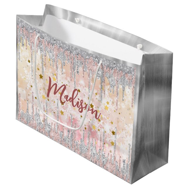 Elegant silver gold rose dripping glitter large gift bag (Front Angled)