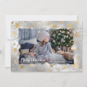 Elegant silver gold snowflakes custom photo holiday card