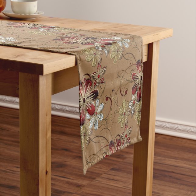 Elegant Silver, Gold Swirls & Floral Design Short Table Runner (In Situ)