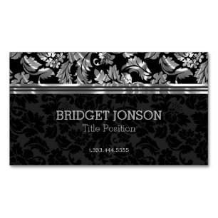 Elegant Silver Gray And Black Damask Magnetic Business Card