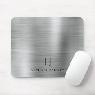 Elegant Silver Gray Metallic Monogram Name Mouse Mat