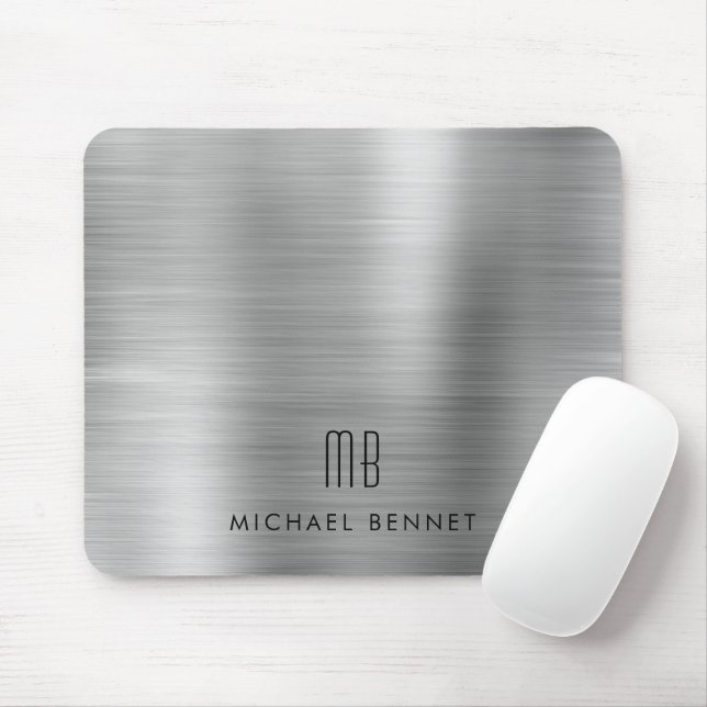 Elegant Silver Gray Metallic Monogram Name Mouse Mat (With Mouse)