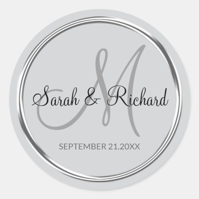 Elegant Silver Gray Monogrammed Wedding Favor  Classic Round Sticker (Front)