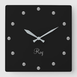 Elegant Silver Gray on Black Square Wall Clock
