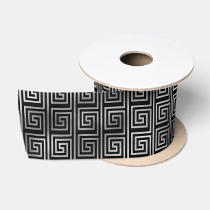 Elegant Silver Greek Key Art Deco Pattern Satin Ribbon