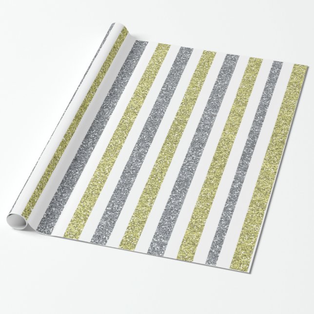 Elegant Silver Green Glitter Striped Holiday Wrapping Paper (Unrolled)