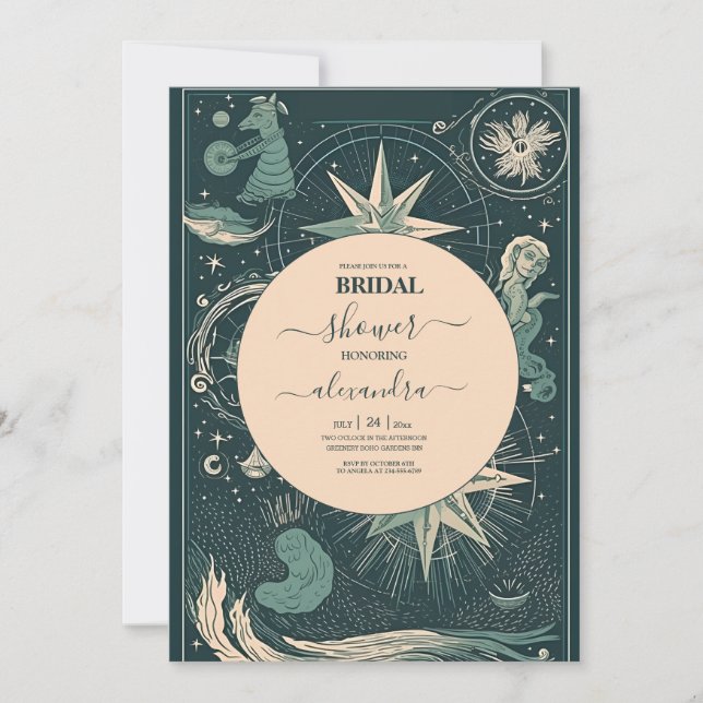 Elegant Silver Green Tarot Bridal Shower Invitation (Front)