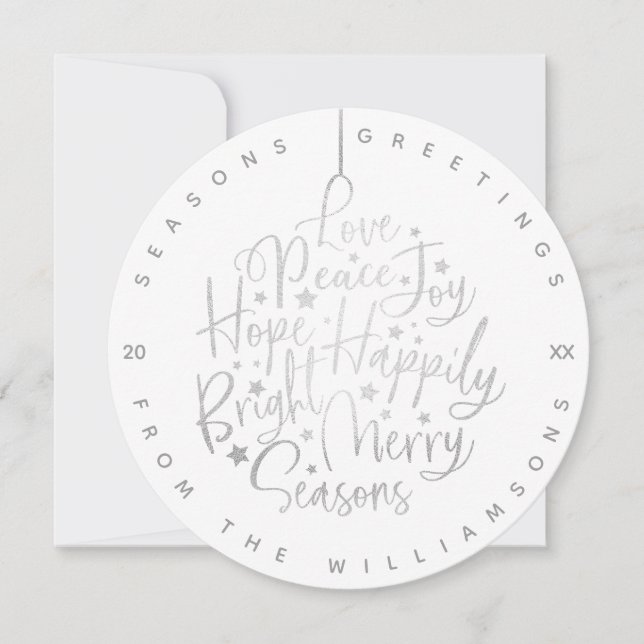 Elegant Silver Greetings Typography Ornament Photo Holiday Card (Front)