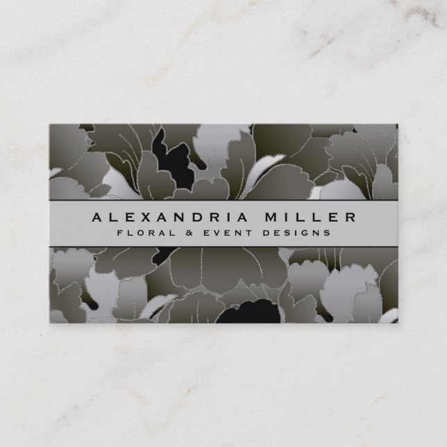 Elegant Silver Grey and Black Floral Business Card (Front)