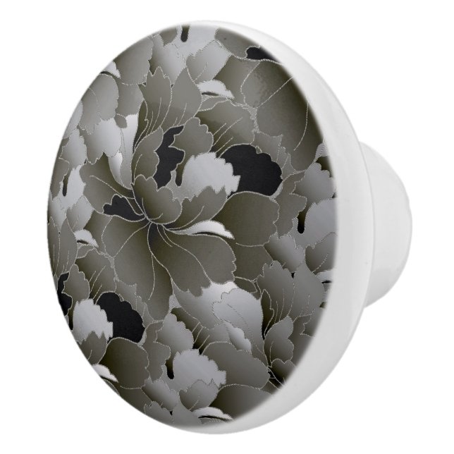 Elegant Silver Grey and Black Floral Ceramic Knob (Right)