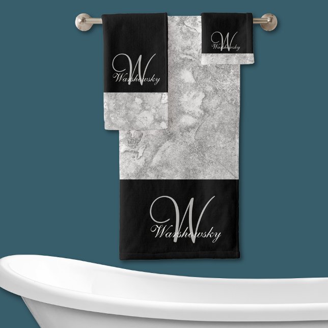 Elegant Silver Grey and Black Monogrammed Bath Towel Set (Creator Uploaded)