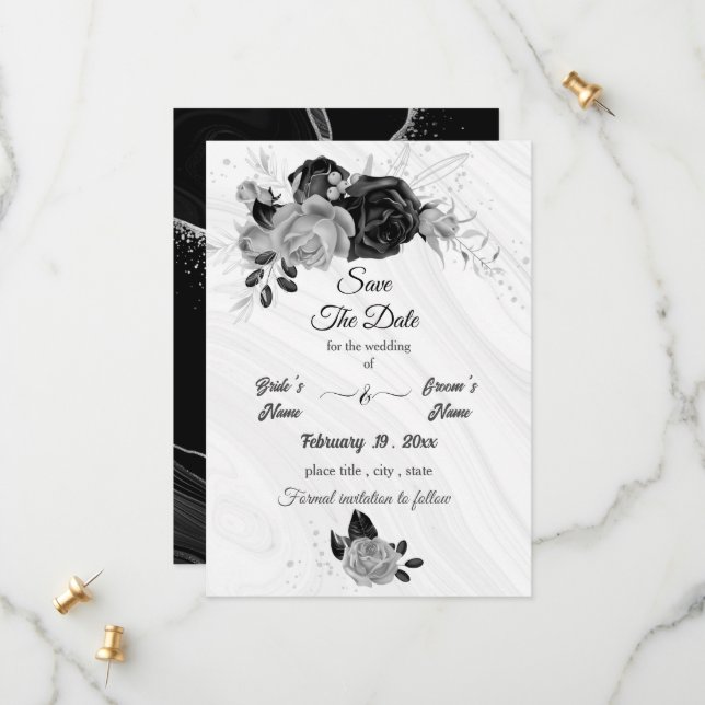 elegant silver grey & black floral save the date (Front/Back In Situ)
