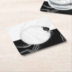 elegant silver grey & black floral square paper coaster