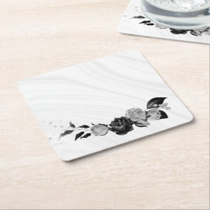 elegant silver grey & black floral square paper coaster