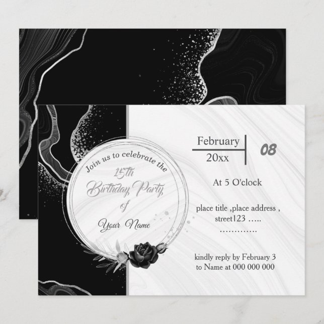 elegant silver grey & black flowers birthday  invitation (Front/Back)