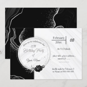 elegant silver grey & black flowers birthday invitation
