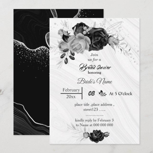 elegant silver grey & black flowers bridal shower invitation (Front/Back)