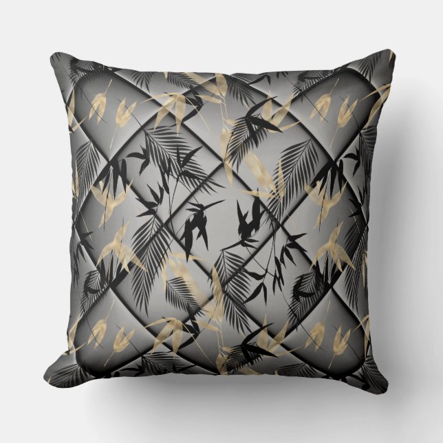 Elegant Silver Grey Black Gold palms Bamboo  Cushion (Front)