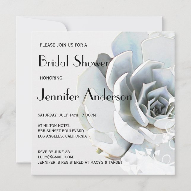 Elegant Silver Grey Blue Succulent Bridal Shower Invitation (Front)