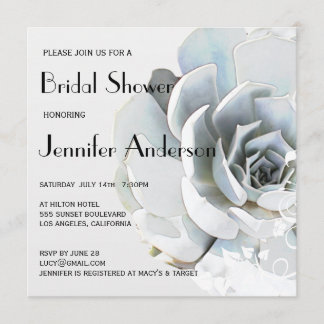 Elegant Silver Grey Blue Succulent Bridal Shower Invitation