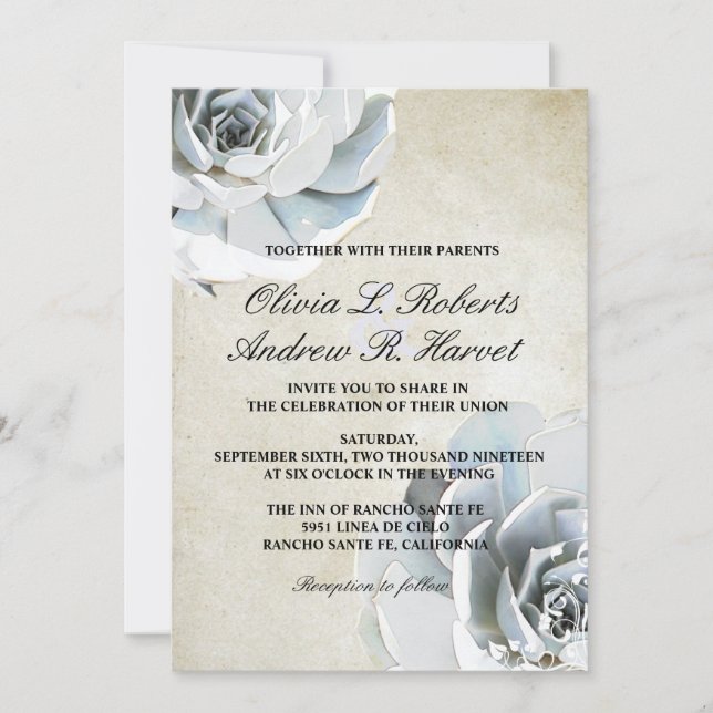 Elegant Silver Grey Blue Succulent Vintage Wedding Invitation (Front)