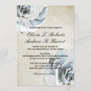 Elegant Silver Grey Blue Succulent Vintage Wedding Invitation