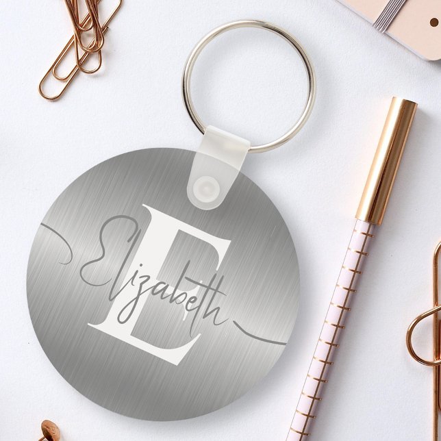 Elegant Silver Grey Brushed Metallic Monogrammed Key Ring (Creator Uploaded)