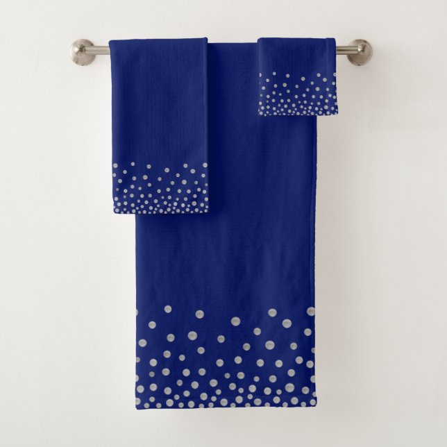 Elegant Silver Grey Confetti on Navy Blue Bath Towel Set (Insitu)
