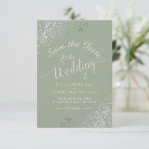 Elegant Silver Grey Curls Sage Green Wedding Save The Date