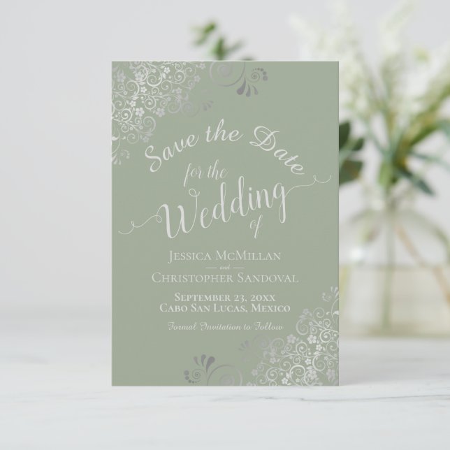 Elegant Silver Grey Curls Sage Green Wedding Save The Date (Standing Front)