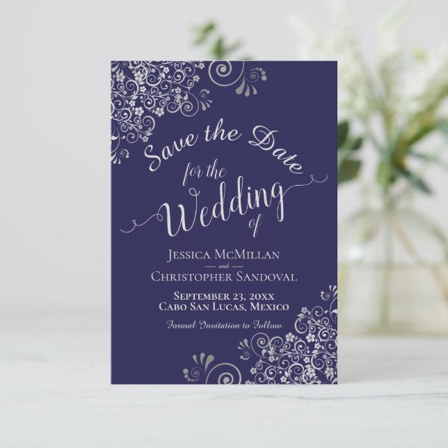 Elegant Silver Grey Curly Swirls Navy Blue Wedding Save The Date (Standing Front)