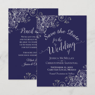 Elegant Silver Grey Curly Swirls Navy Blue Wedding Save The Date