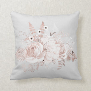 Elegant Silver Grey Dusty Rose Floral Throw Pillow
