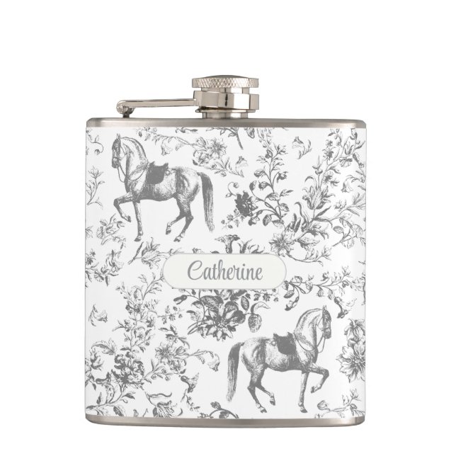 Elegant Silver Grey Equestrian Floral Toile Name Hip Flask (Front)