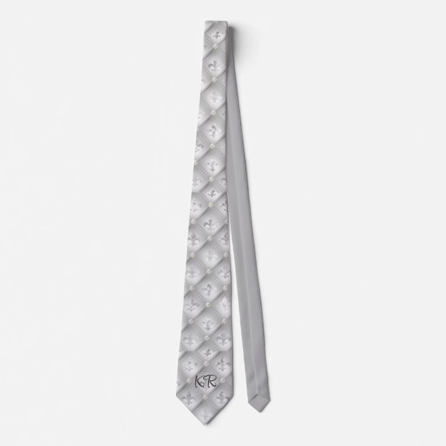 Elegant Silver Grey Fleur de Lis Pattern Initials Tie (Front)