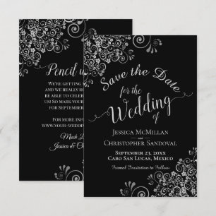 Elegant Silver Grey Frills on Black Glam Wedding Save The Date