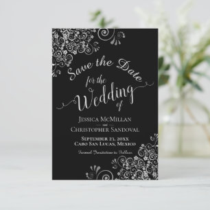 Elegant Silver Grey Frills on Black Glam Wedding Save The Date