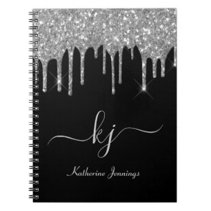 Elegant Silver Grey Glitter Drips Monogram Script Notebook