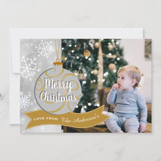 Elegant Silver Grey Gold Bauble Photo Christmas Holiday Card (Front)